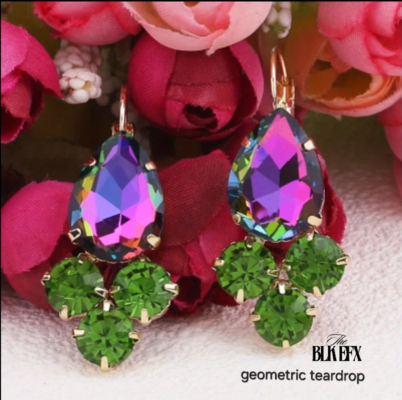 geometric teardrop earrings (purple/green)